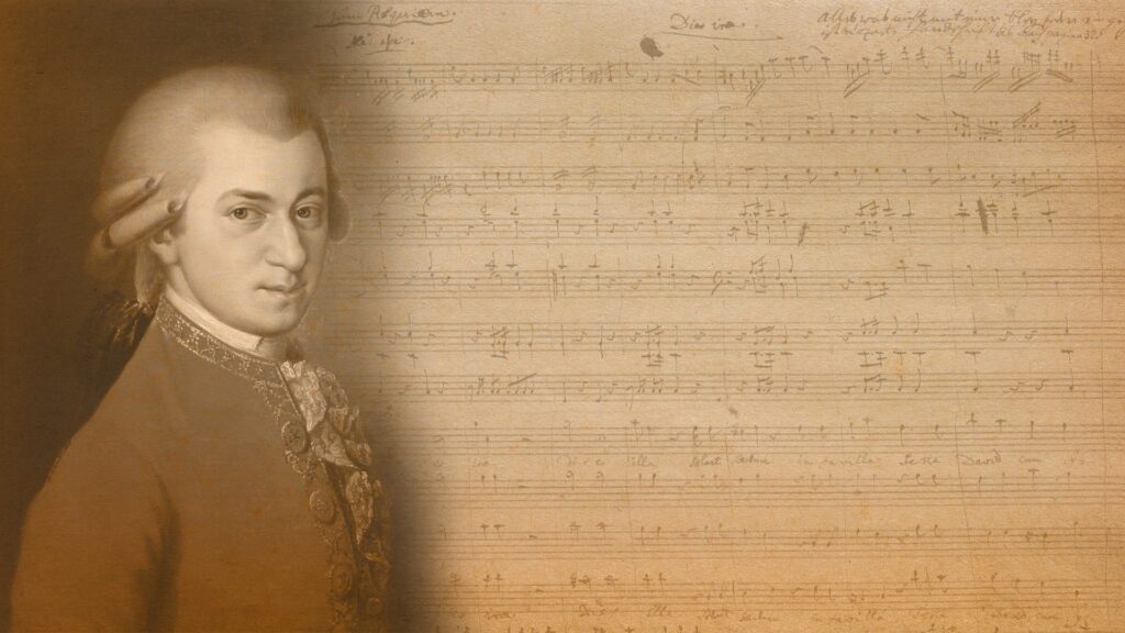 Mozart Grafik mit Portrait und Notenblatt